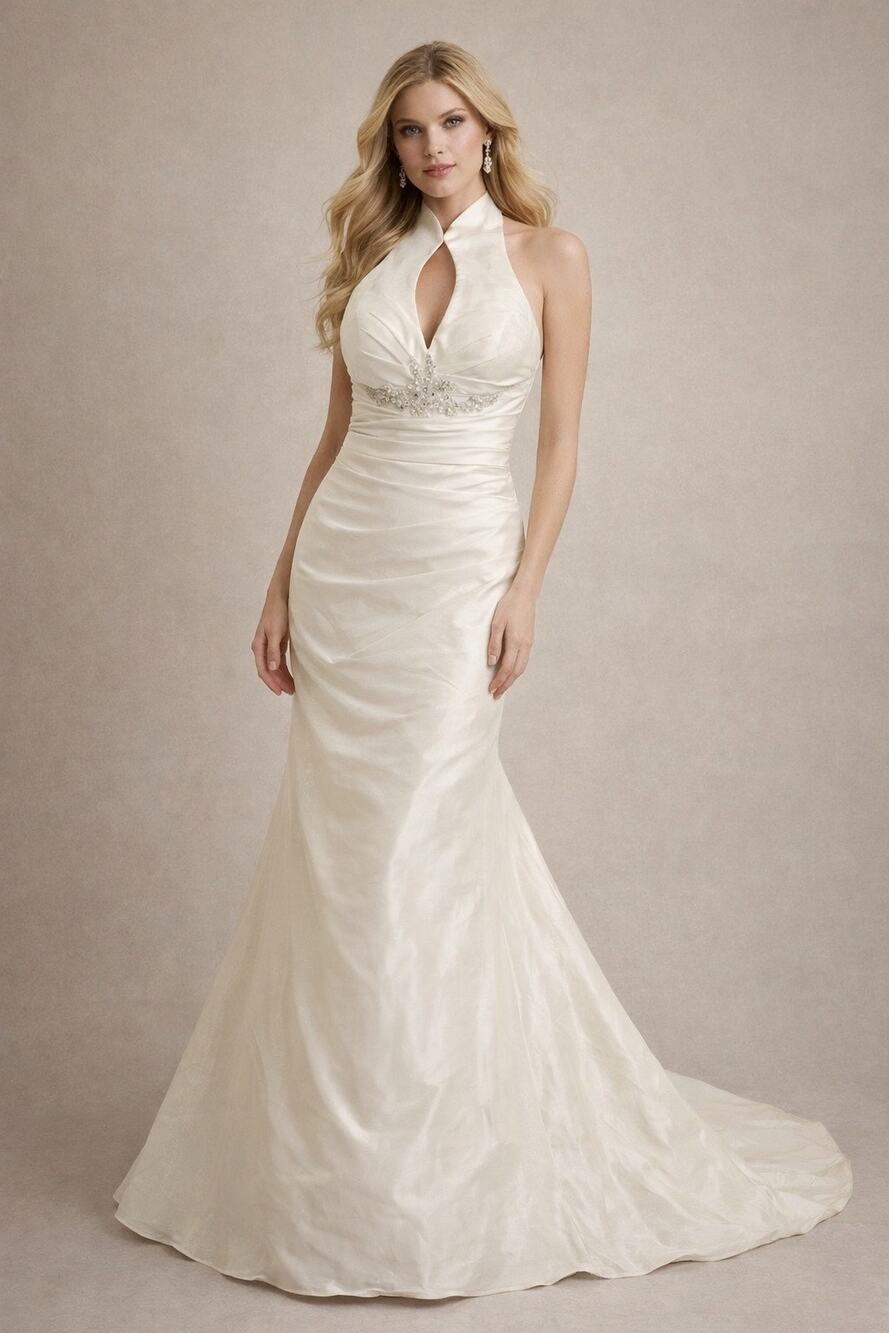 GALINA SIGNATURE Davids Bridal Ivory Taffeta High-Collar Trumpet Gown size 4